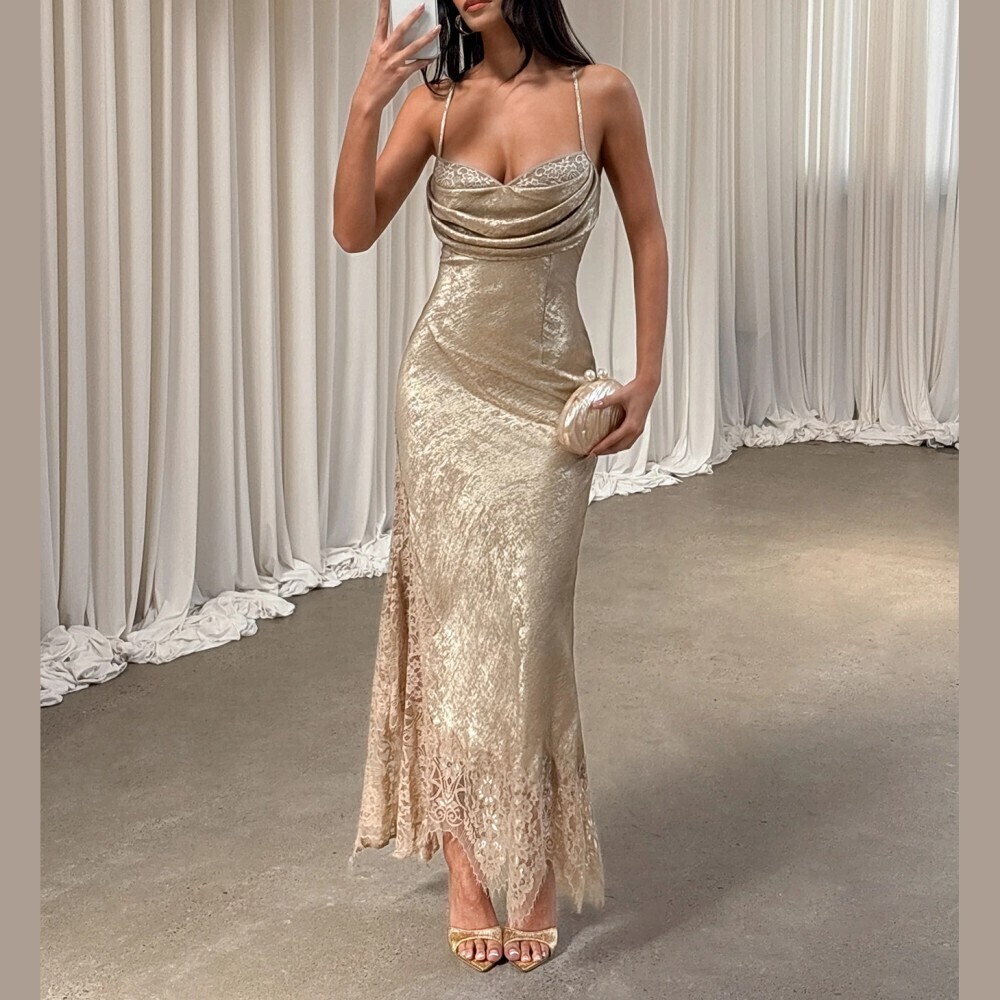 Scattered Gold Coated Metallic Cowl Neck Lace Trim Spaghetti Strap Maxi Dress - Picture 5 of 7